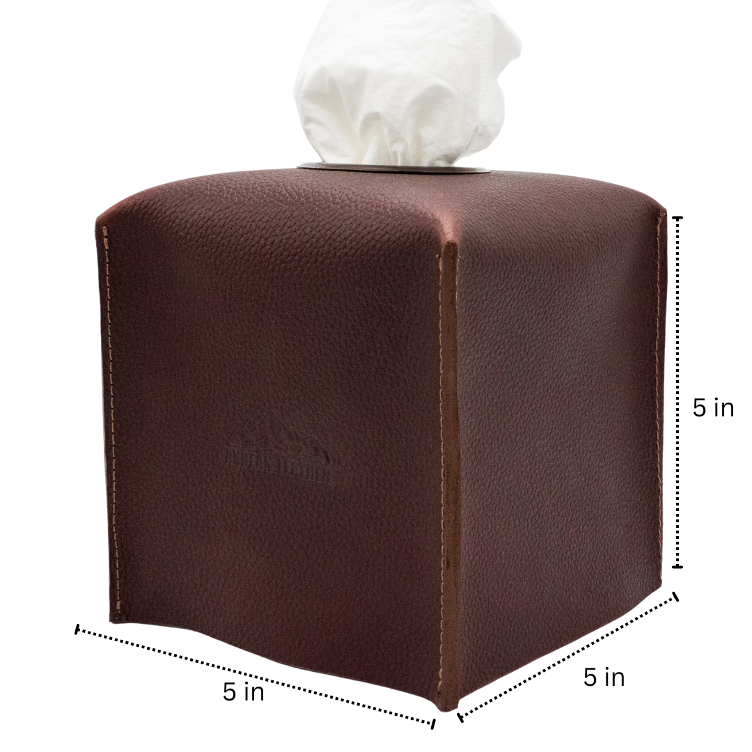 Andean Leather Tissue Box Cover, Full Grain Leather Decorative Organizer for Tabletop, Bathroom, Car, Office, 5"x5"x5"