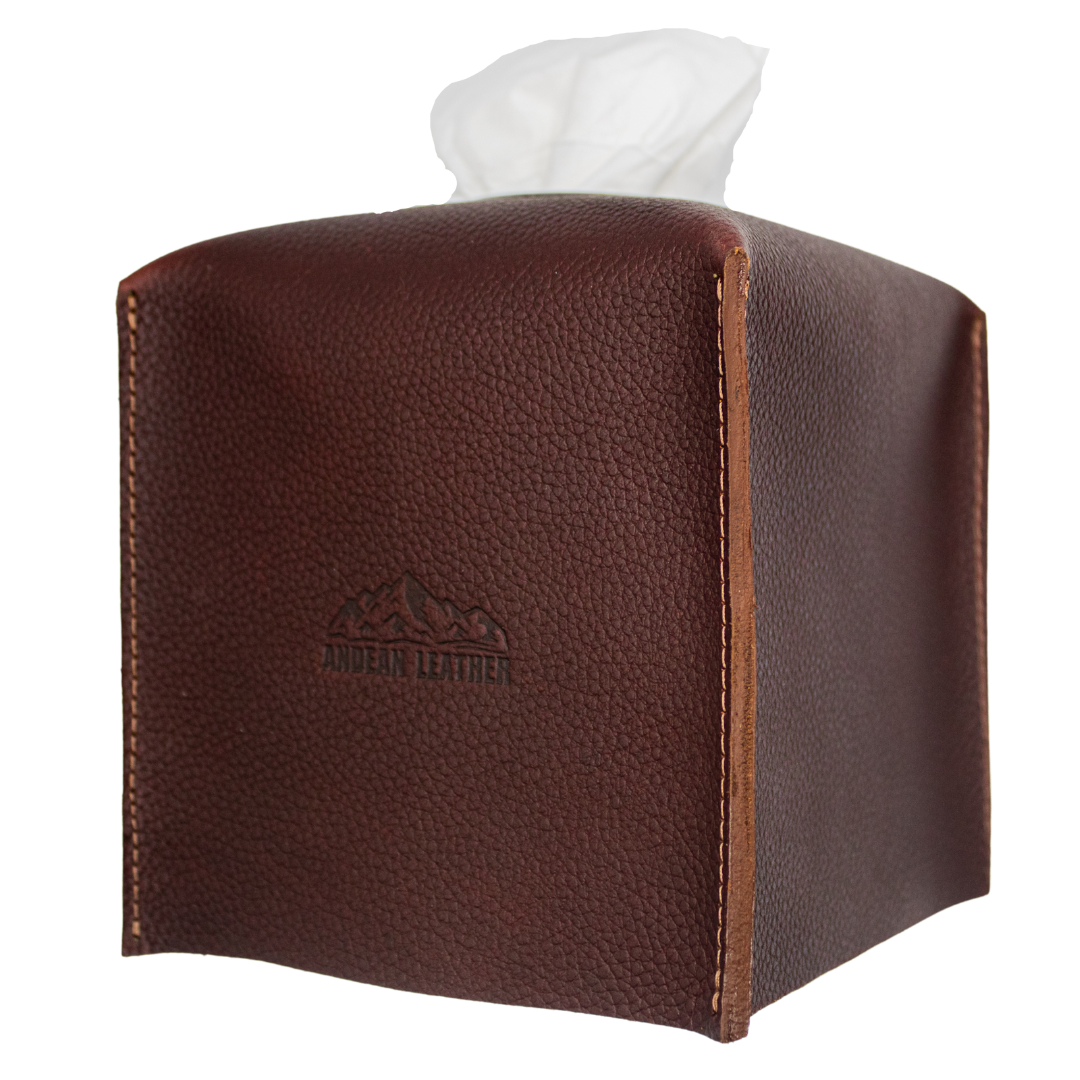 Andean Leather Tissue Box Cover, Full Grain Leather Decorative Organizer for Tabletop, Bathroom, Car, Office, 5"x5"x5"